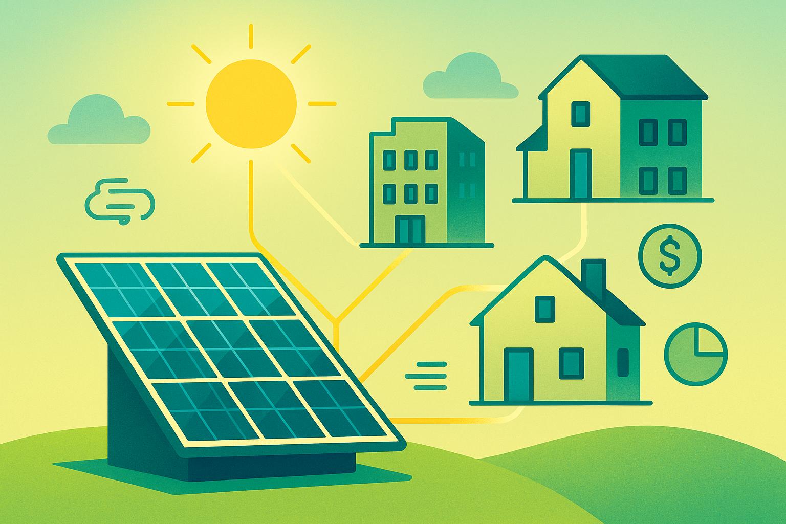 Descubra como a energia compartilhada sustentável reduz custos na conta de luz, promove energia limpa e facilita o acesso para consumidores residenciais e empresas. (imagem gerada com inteligência artificial)