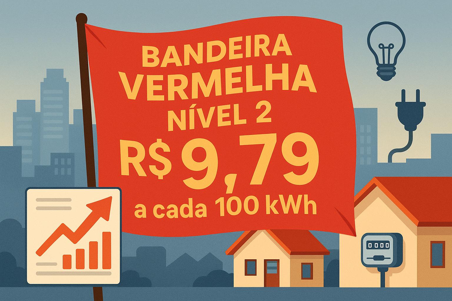 Bandeira Vermelha Nível 2 aumenta a conta de luz em R$ 9,79 a cada 100 kWh em agosto, exigindo economia e alternativas como energia solar por assinatura. (imagem gerada com inteligência artificial)